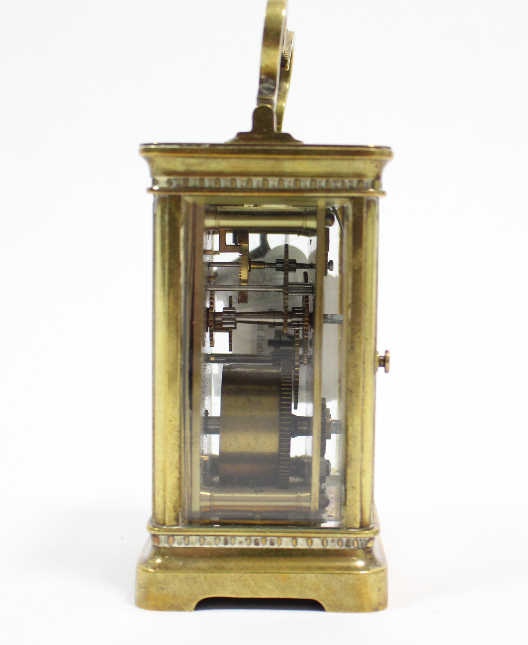 An early 20th century brass-cased carriage timepiece with white enamel & brass two-part dial, 4½” - Image 3 of 5