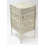 A white painted wicker & metal square four-tier occasional table, 17” wide; together with a rattan