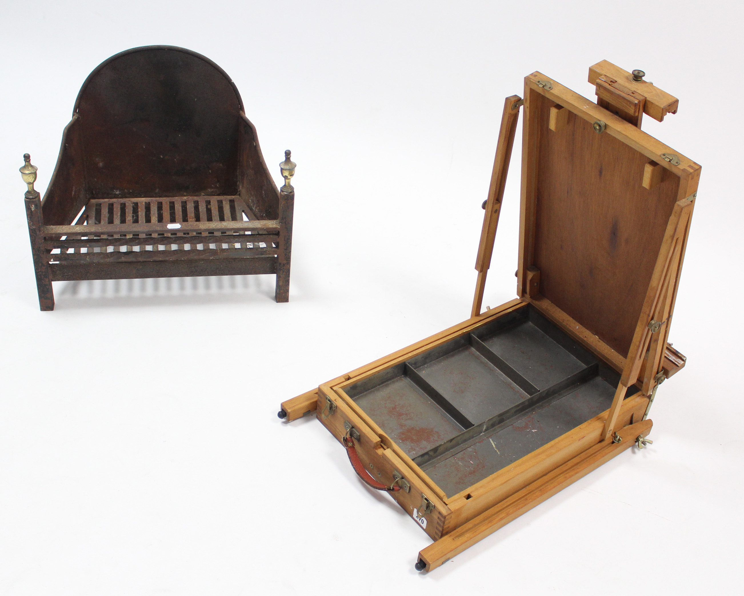 An artist’s portable easel/paint box, 15¾” wide; & a cast-iron fire grate, 19” wide. - Image 2 of 3