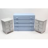 A pale blue painted wooden chest, fitted four long drawers with block handles, 36” wide x 39¼” high;