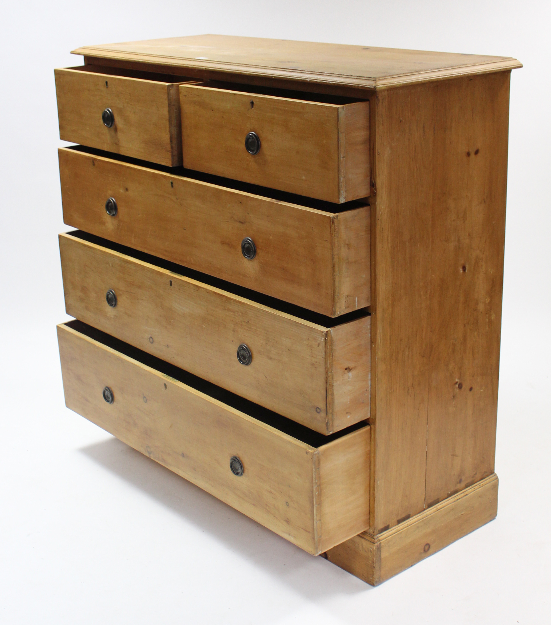 A Victorian-style large pine chest, fitted two short & three long graduated drawers with iron ring - Image 2 of 2