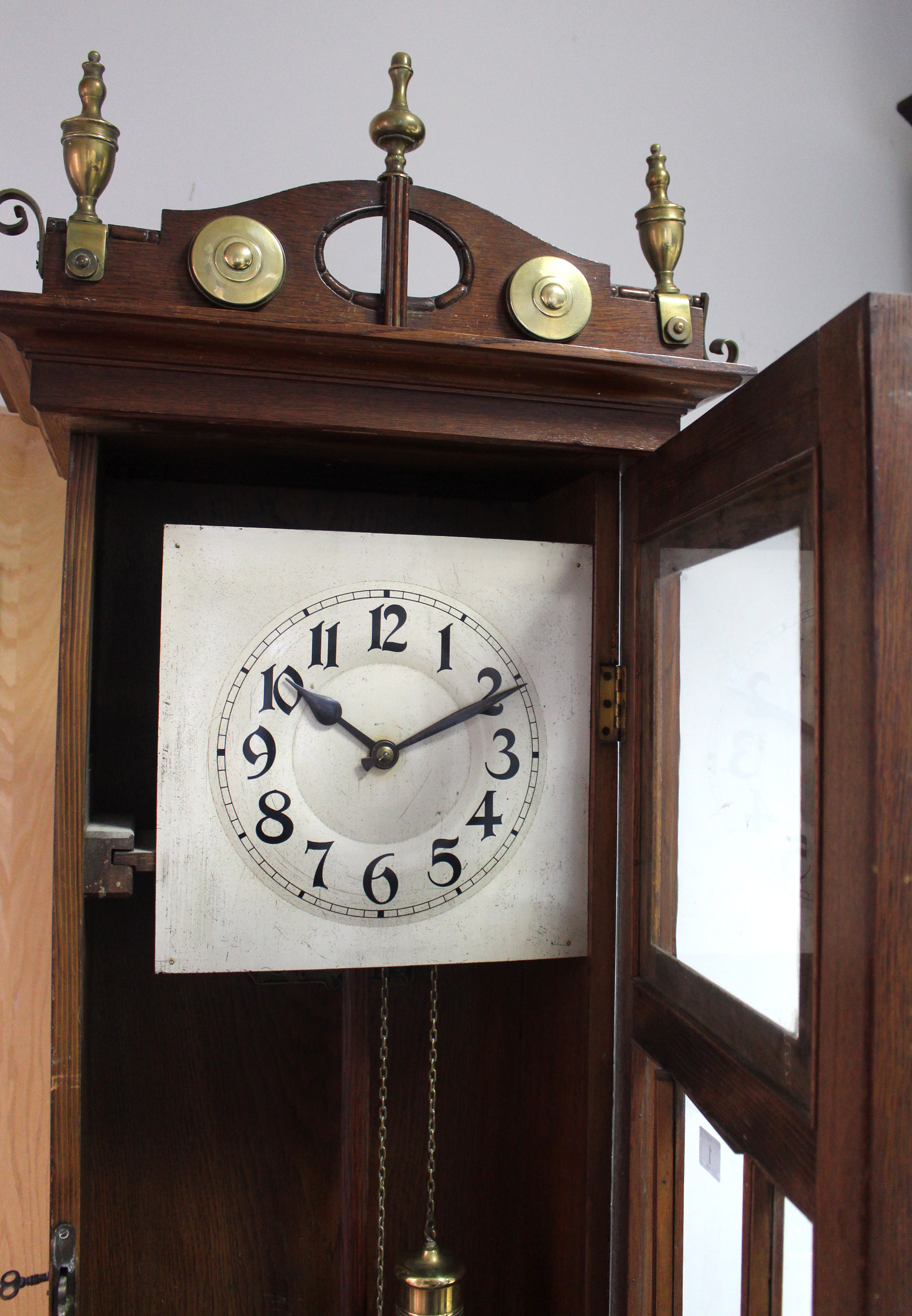 A mid-20th century grandfather clock with silvered dial, & in oak case enclosed by glazed door, - Image 3 of 5