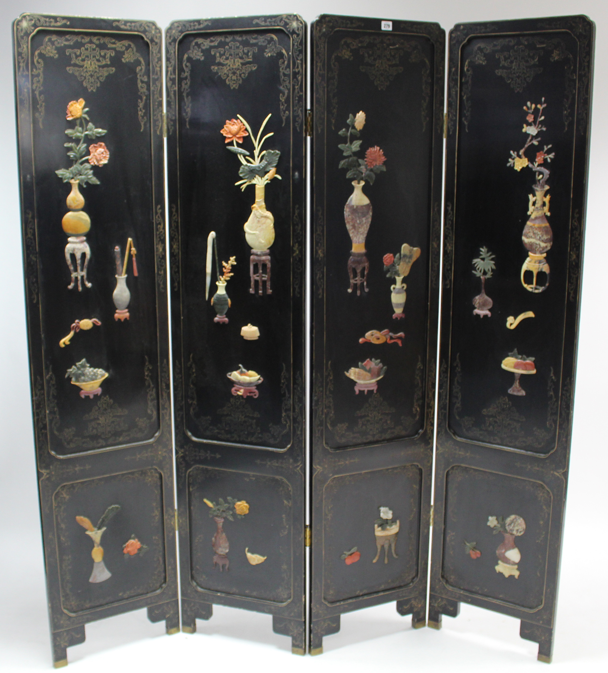 A Chinese black lacquered tall four-fold draught screen with coloured hardstone vase-of-flowers