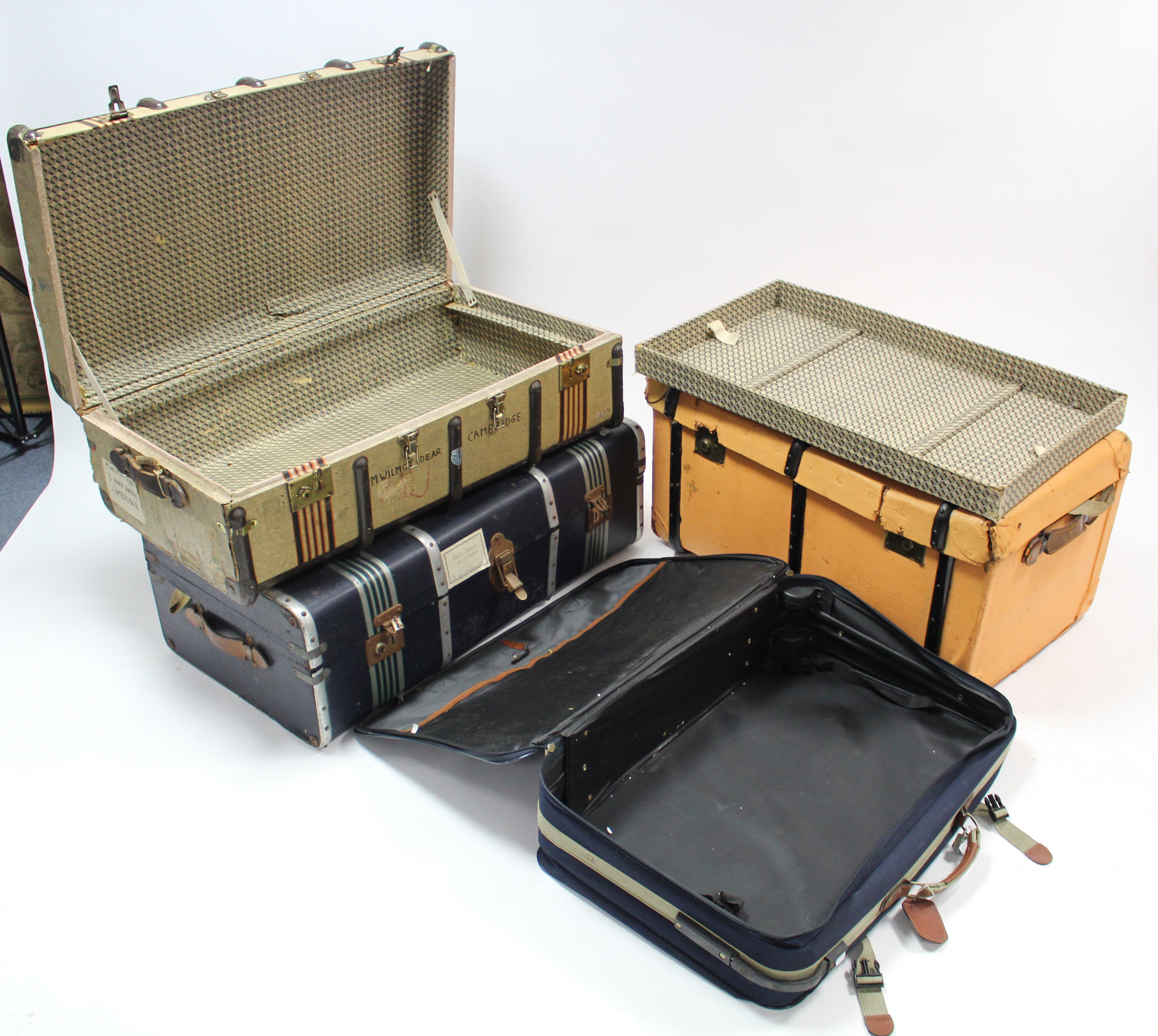 Three fibre-covered travelling trunks; together with two other trunks; & a suitcase - Image 4 of 4