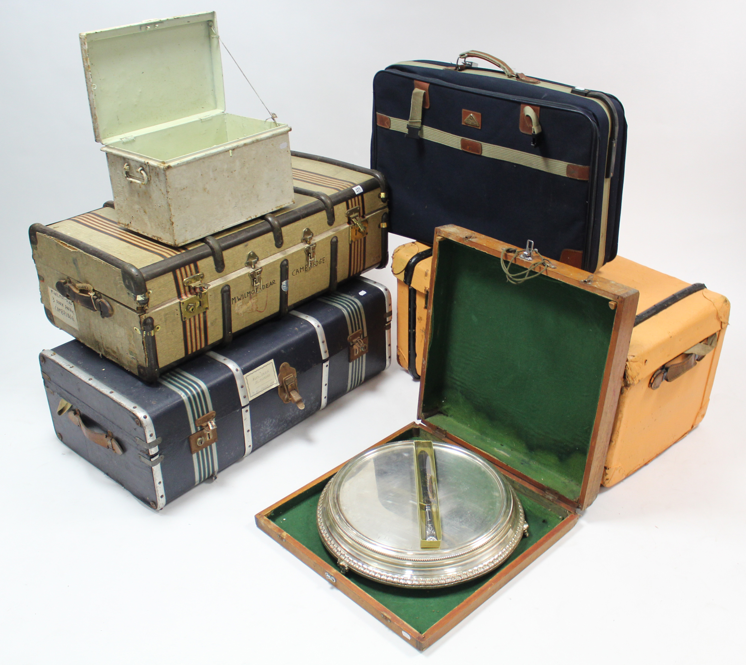 Three fibre-covered travelling trunks; together with two other trunks; & a suitcase - Image 2 of 4