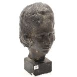 A bronzed composition female bust on square pedestal, 16” high (slight faults).