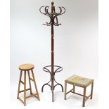 A Bentwood hat & coat stand, 72” high; together with two stools