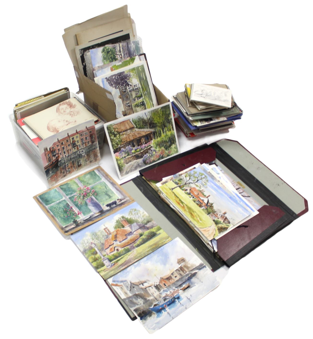 A large collection of artwork by the Devizes artist John A Case in folios, notebooks, & loose.