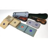 Two violins (one with bow), each with case; & various records