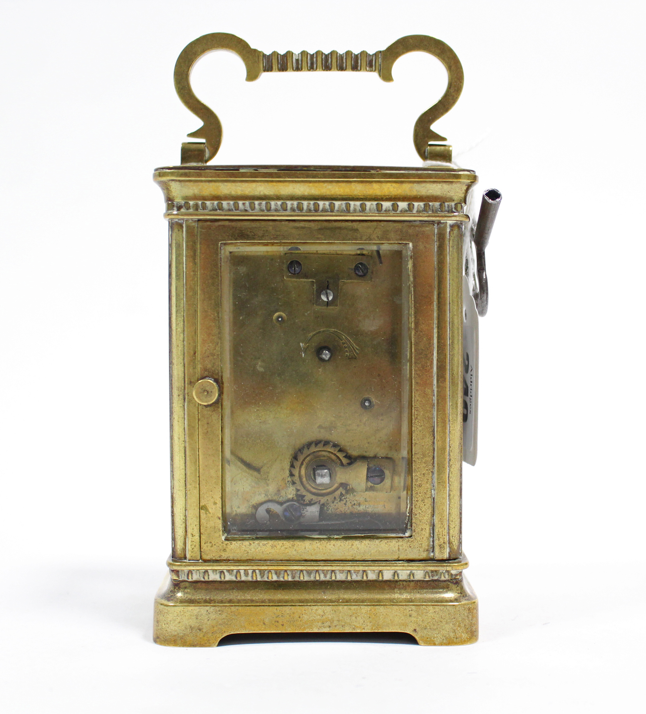 An early 20th century brass-cased carriage timepiece with white enamel & brass two-part dial, 4½” - Image 4 of 5