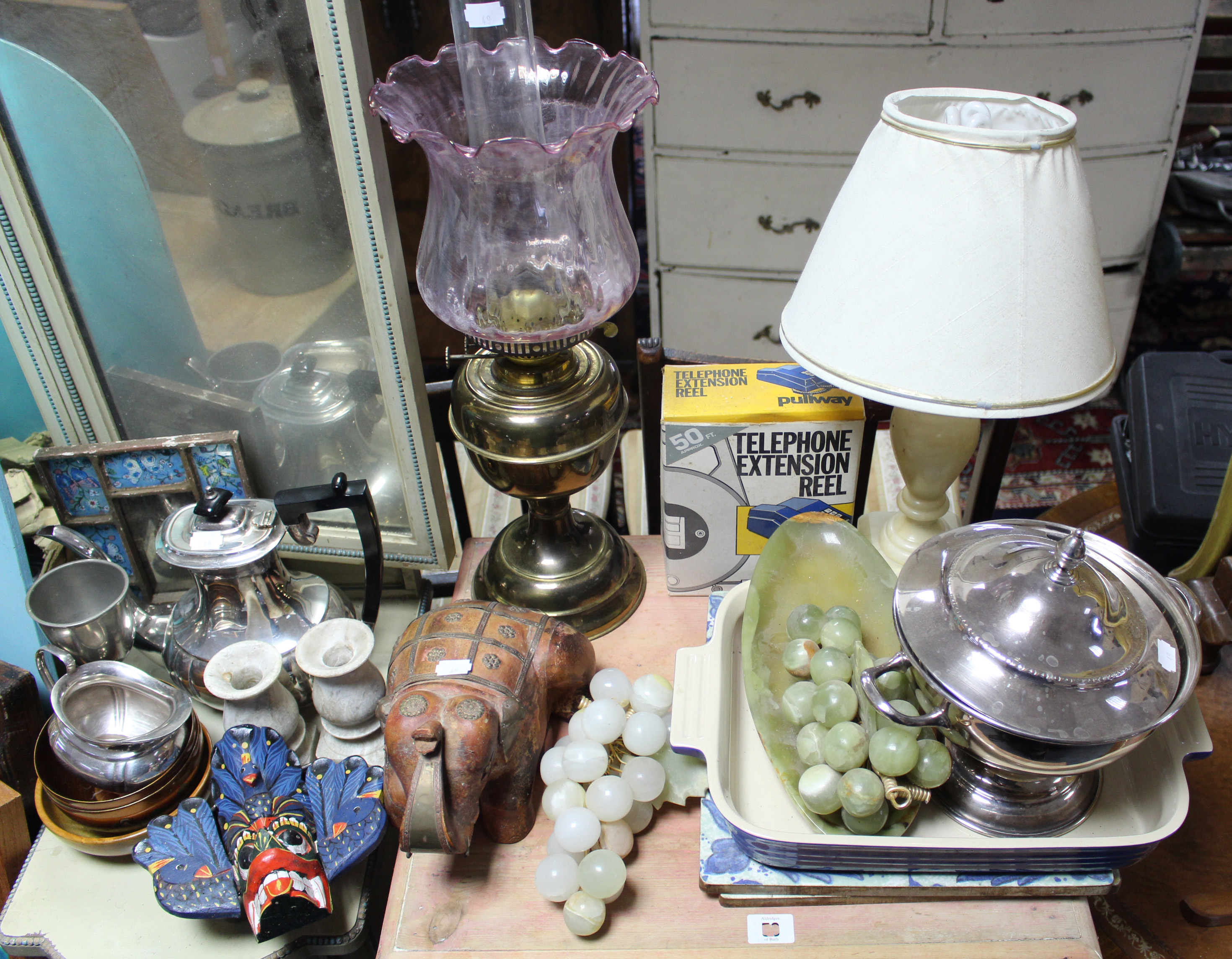 A typeset tray; a stoneware “Bread” bin; a silver plated coffee pot & cream jug; a brass lamp; &