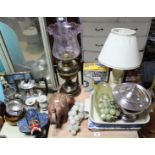 A typeset tray; a stoneware “Bread” bin; a silver plated coffee pot & cream jug; a brass lamp; &