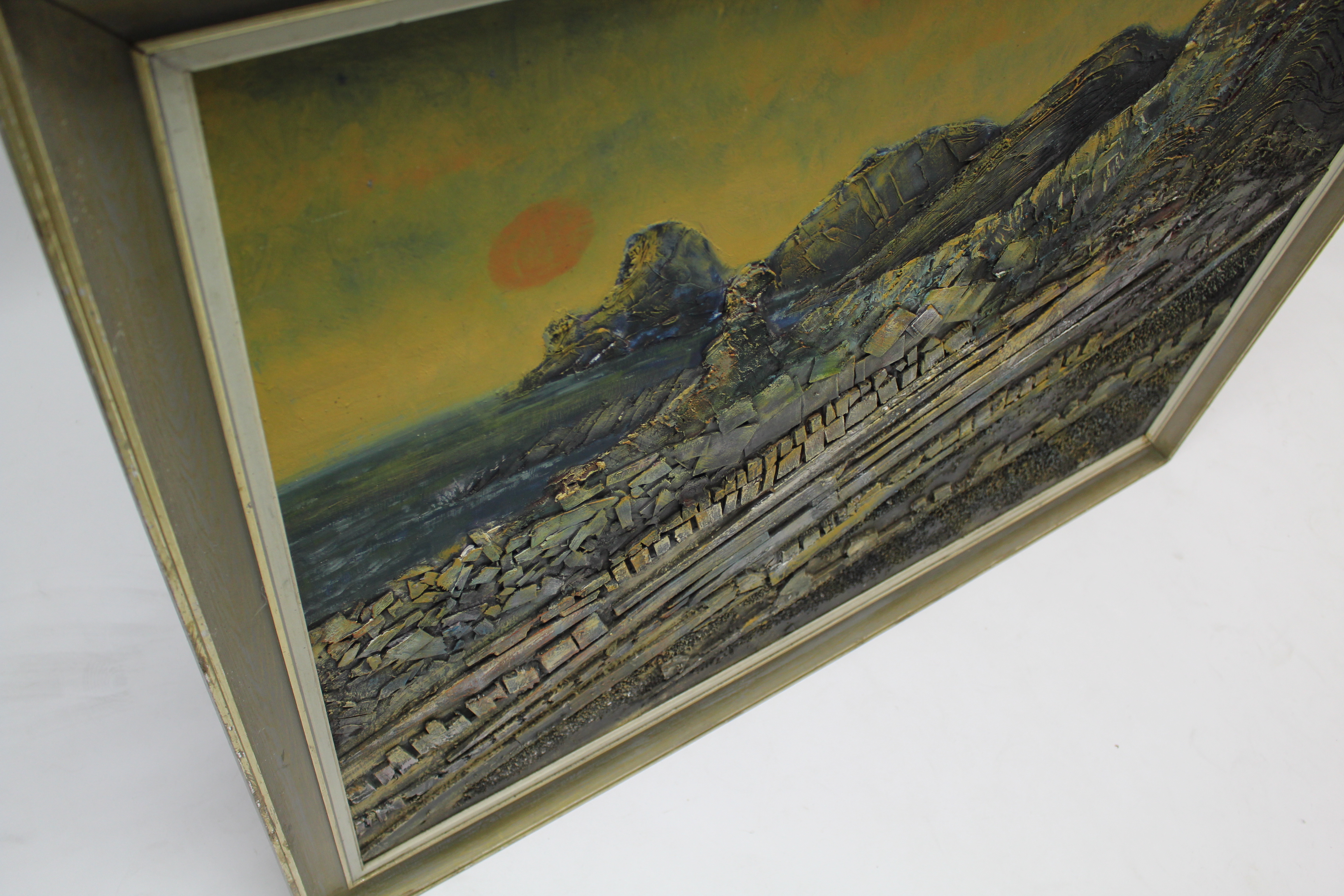 A large abstract oil painting by Jones Howard & Ffoulkes, titled to reverse: “Rock Structures - Image 3 of 3