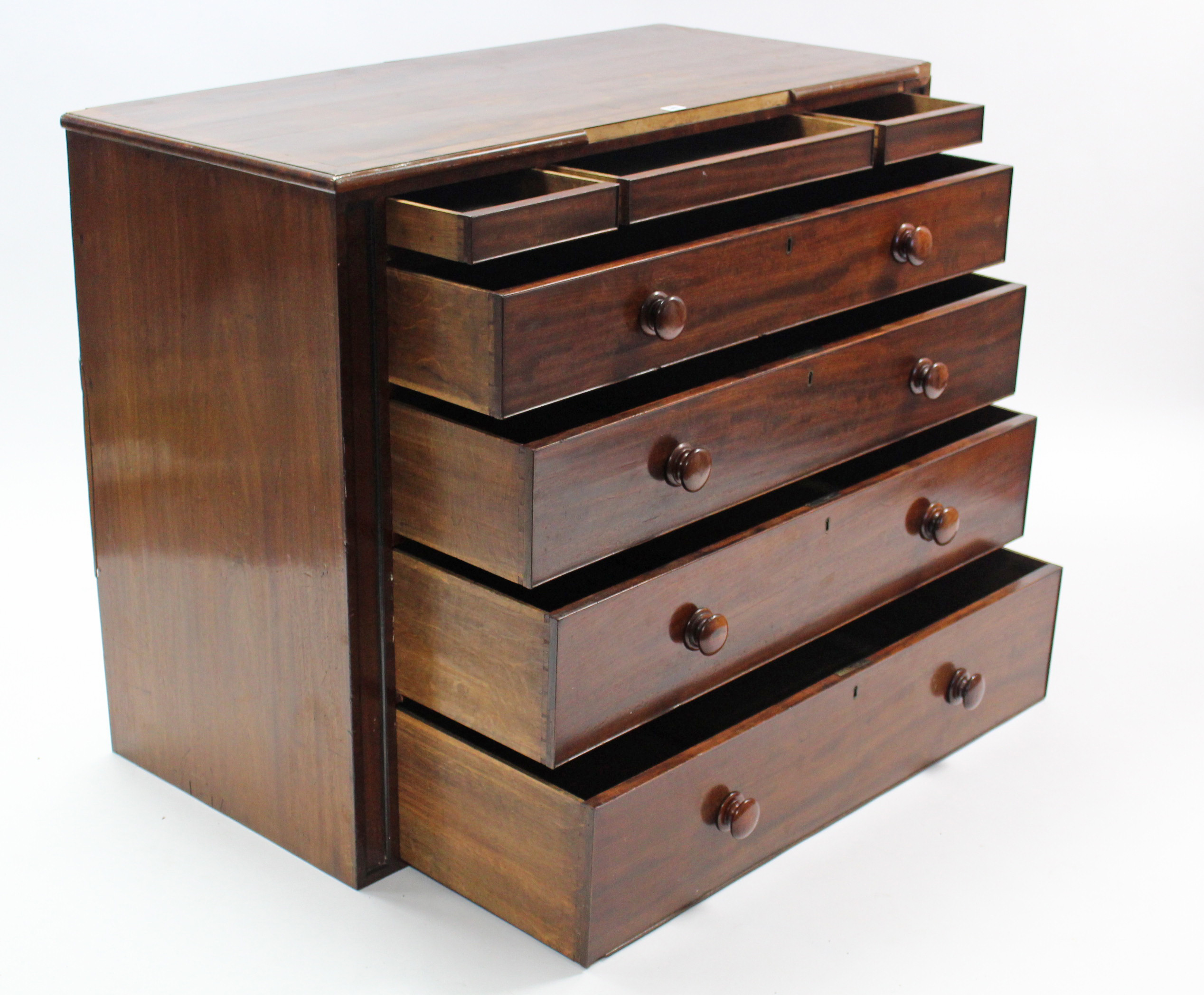 A 19th century inlaid-mahogany chest, fitted three shallow frieze drawers above four long - Image 2 of 4