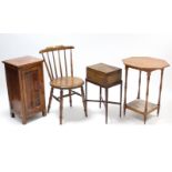 A spindle-back kitchen chair with circular hard seat, & on turned legs with spindle stretchers;