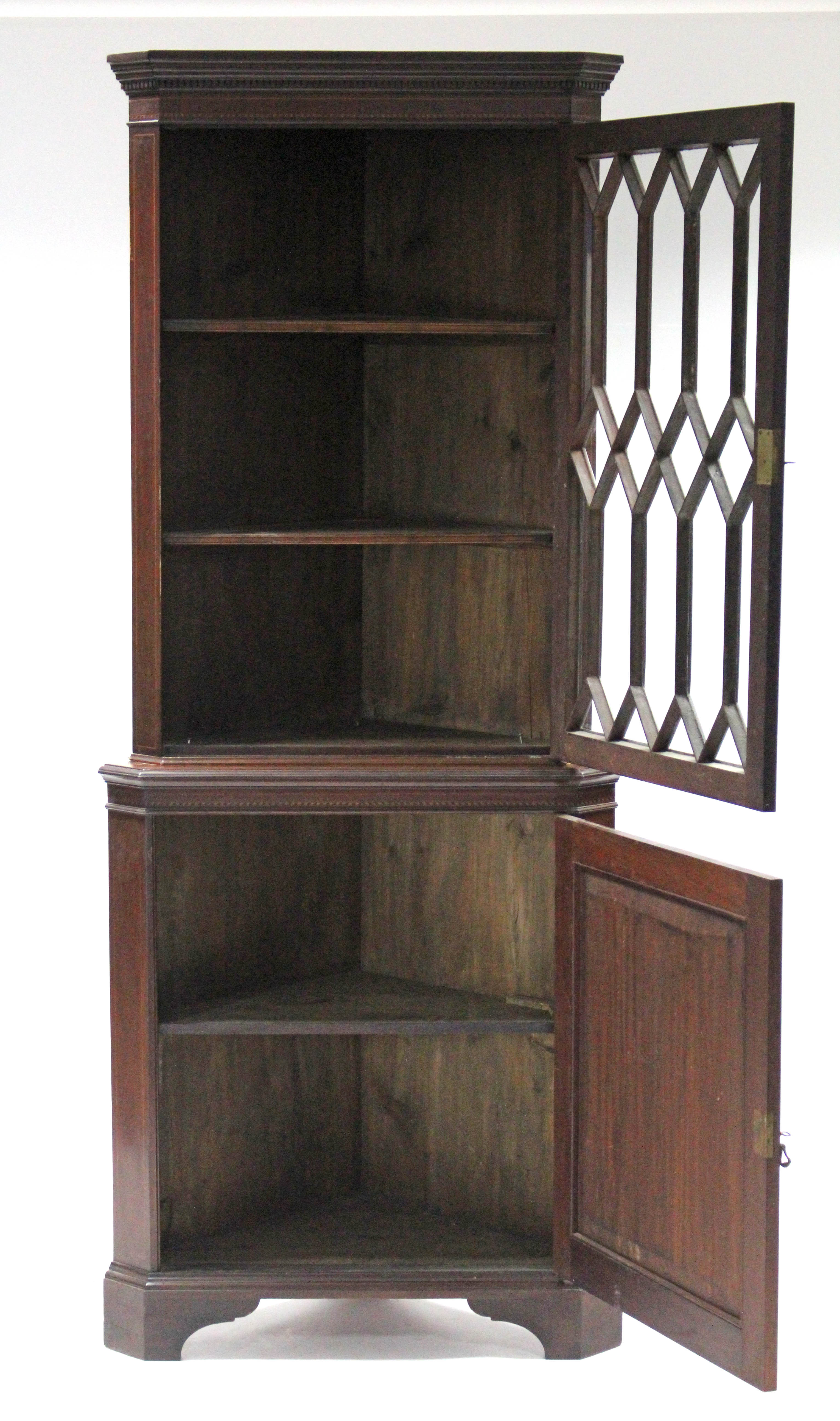 A 19th century inlaid-mahogany standing corner display cabinet with dentil cornice, fitted two - Image 2 of 2