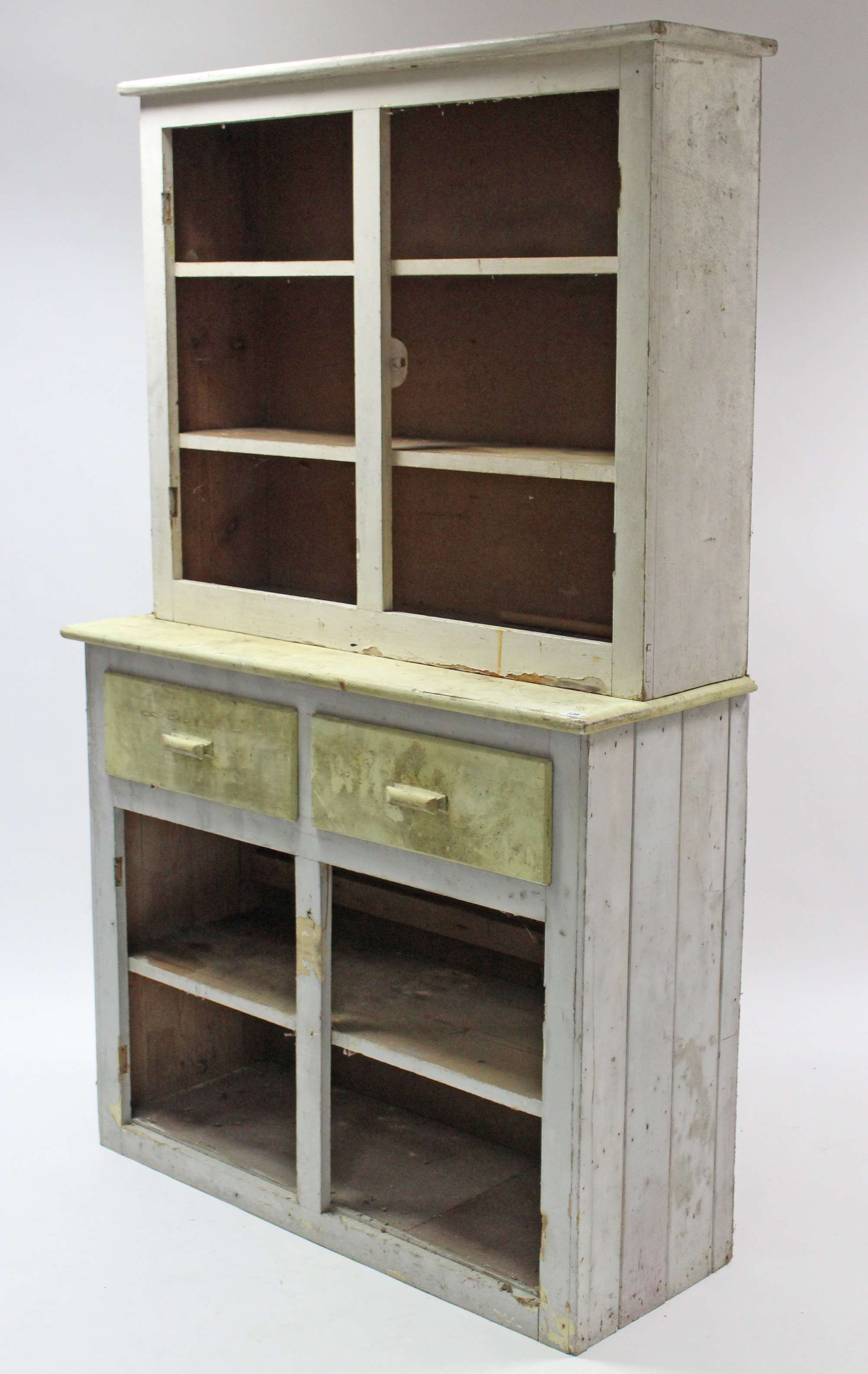 A mid-20th century white & yellow painted pine tall kitchen cabinet, 43½” wide x 71” high, (w.a.f.)