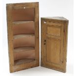 A 19th century pine hanging corner cupboard fitted two shelves enclosed by panel door, 20” wide x