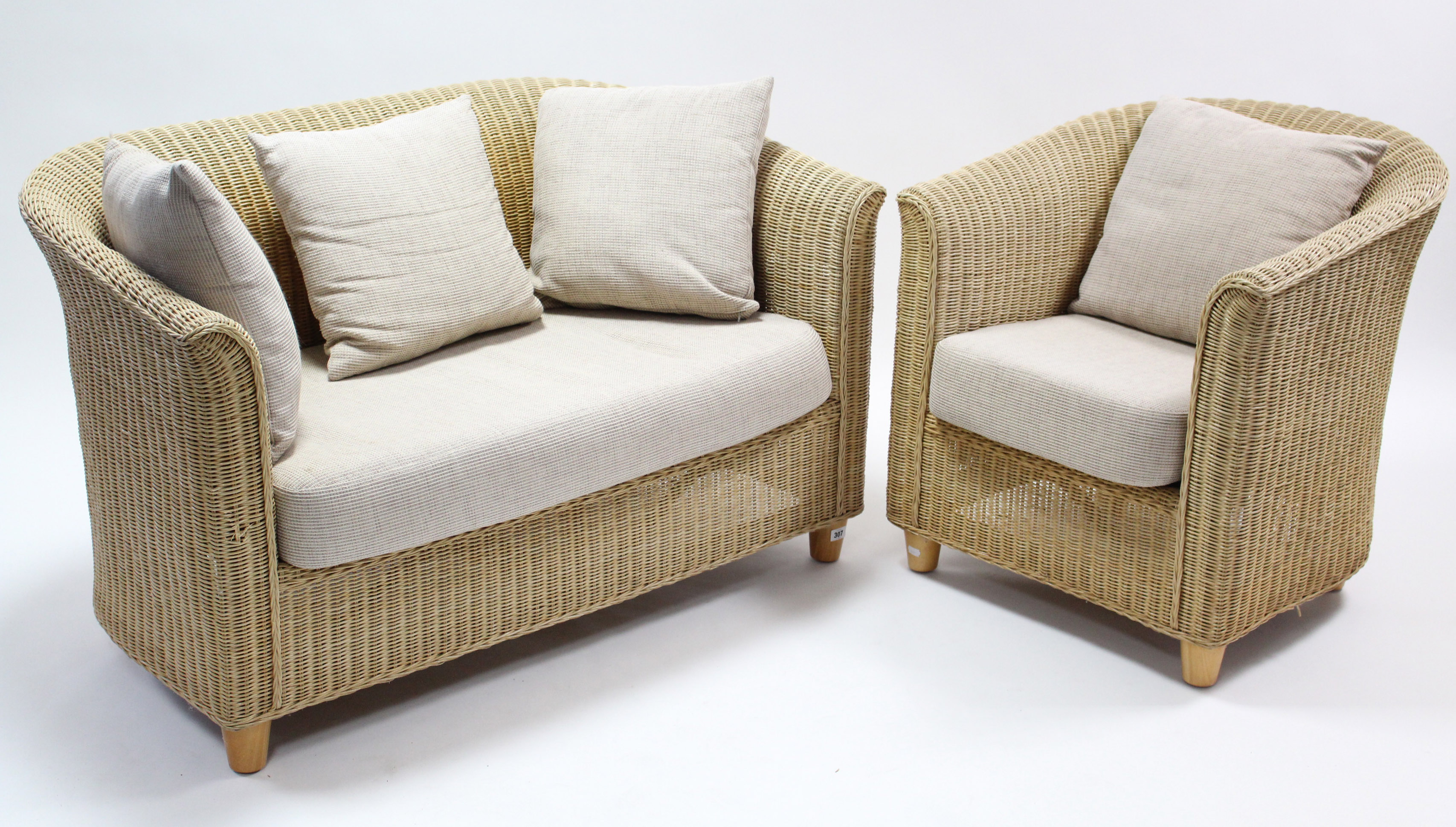 An MGM rattan two-seater conservatory settee, 48” long; & a ditto armchair.