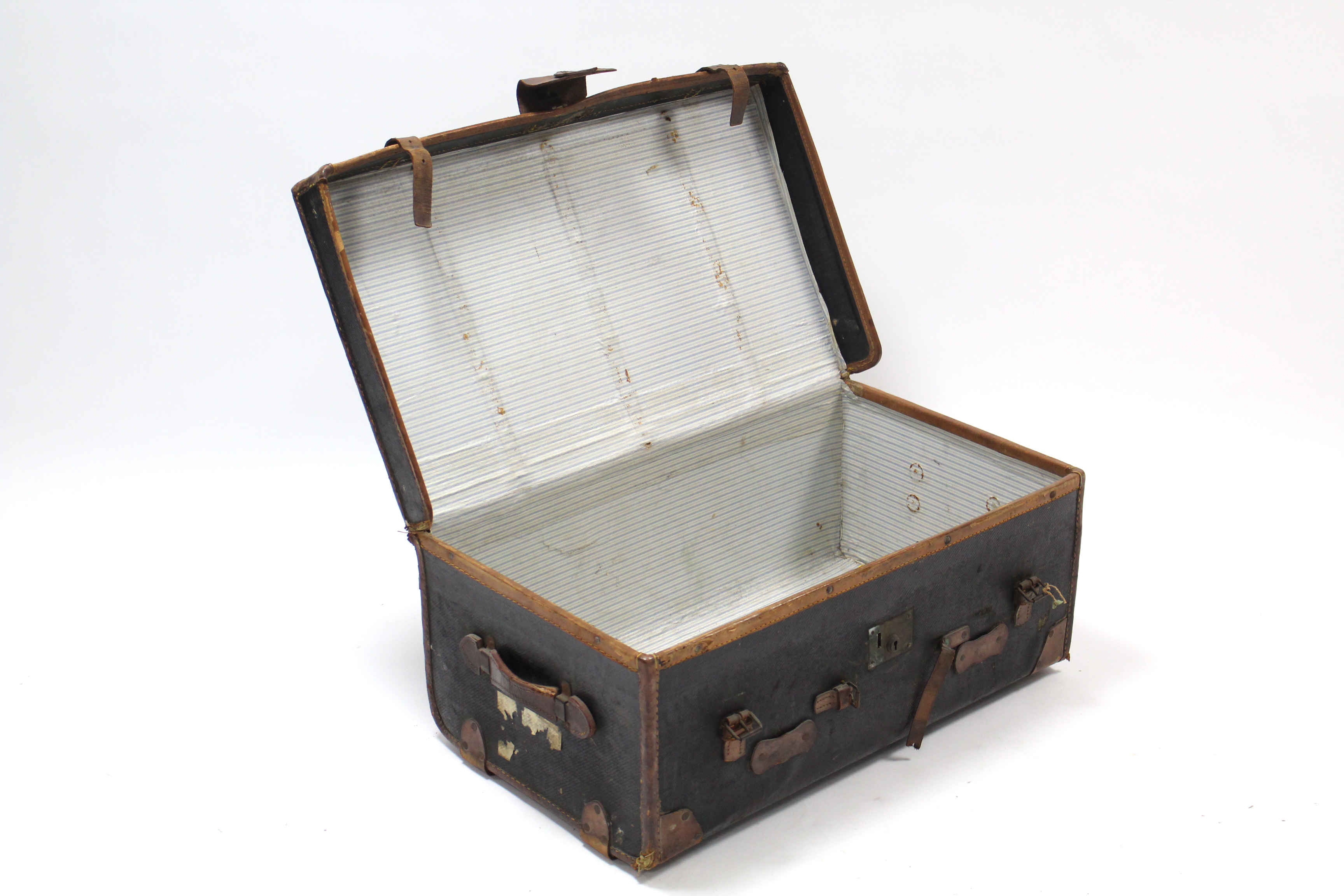 An early 20th century black fibre-covered & leather-bound travelling trunk with hinged lift-lid & - Image 2 of 2