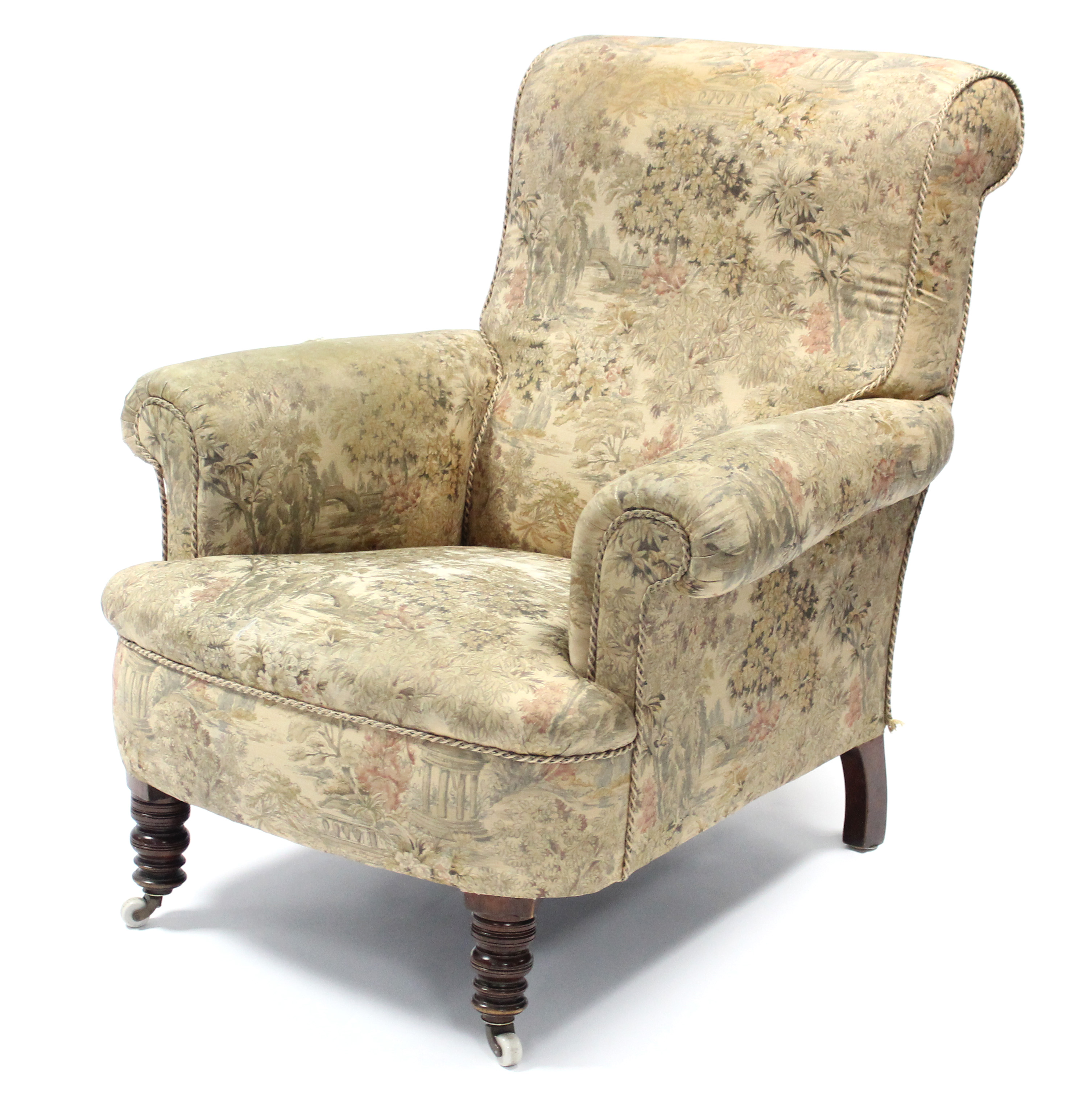 A Victorian chesterfield-style sofa & matching armchair, each upholstered printed material with - Image 3 of 6