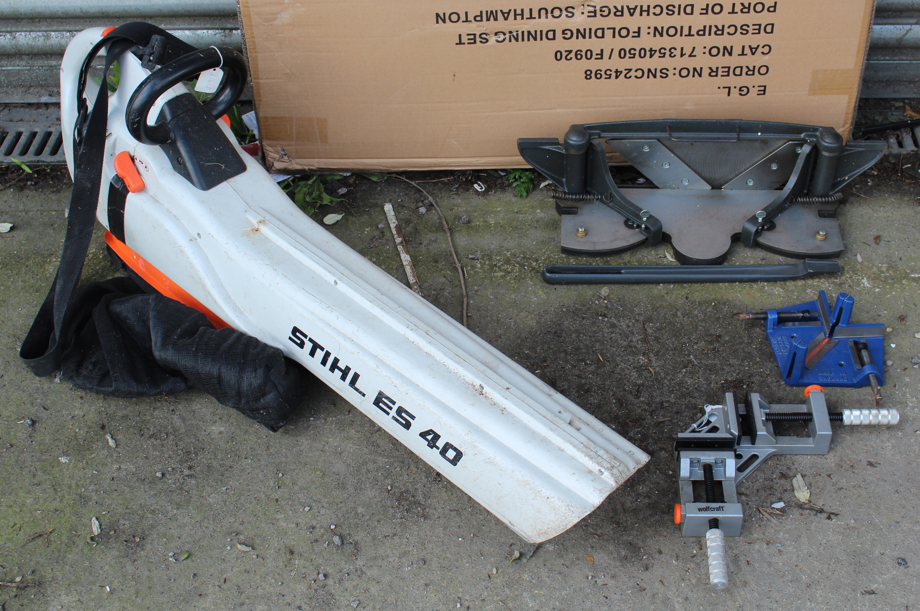 A “Fox Lawn Ranger 400” garden strimmer; a Stihl “E340” leaf blower; a pair of sack trucks; a garden