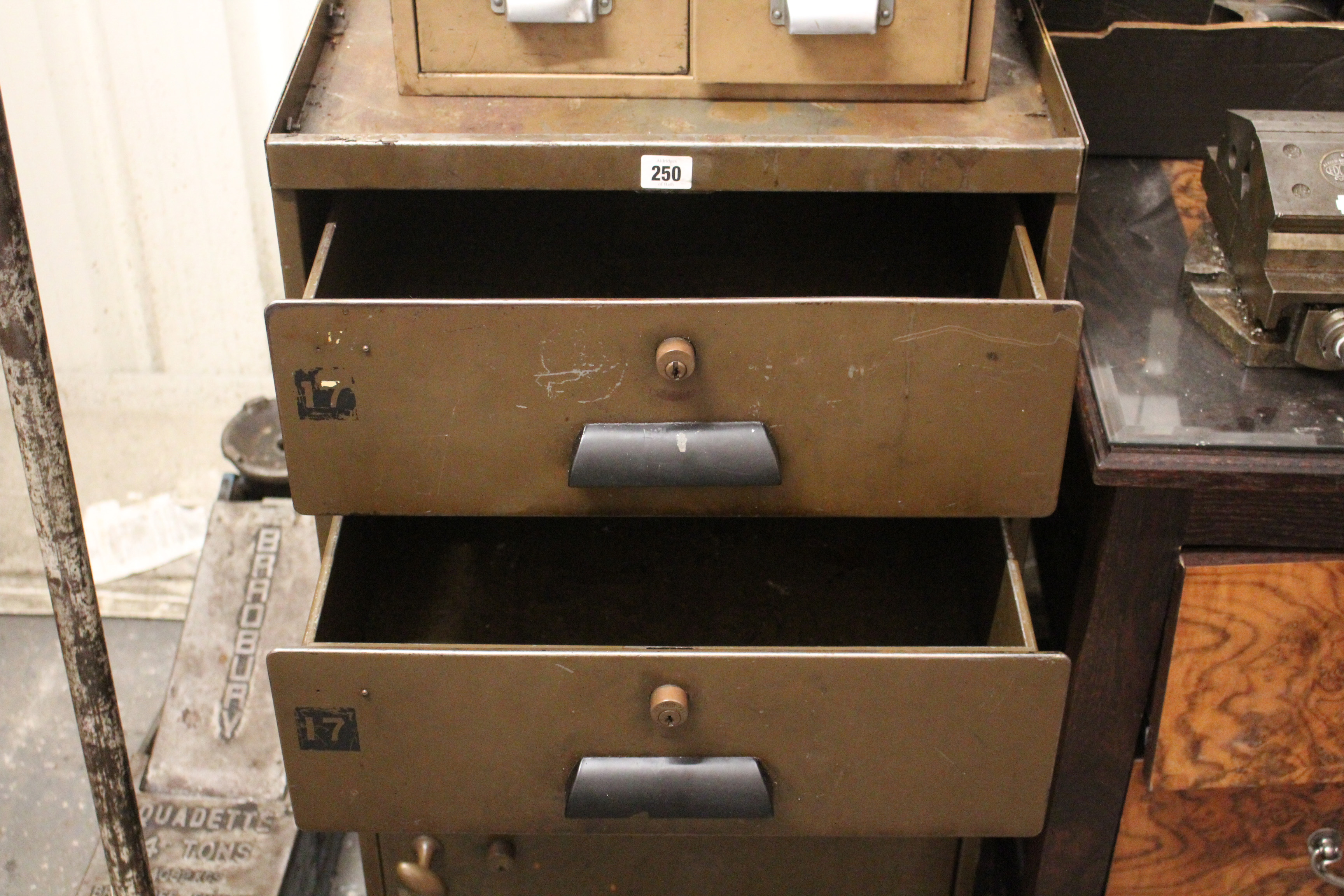 A dark brown art-metal dwarf standing cabinet, fitted two long drawers above two long shallow - Image 4 of 4