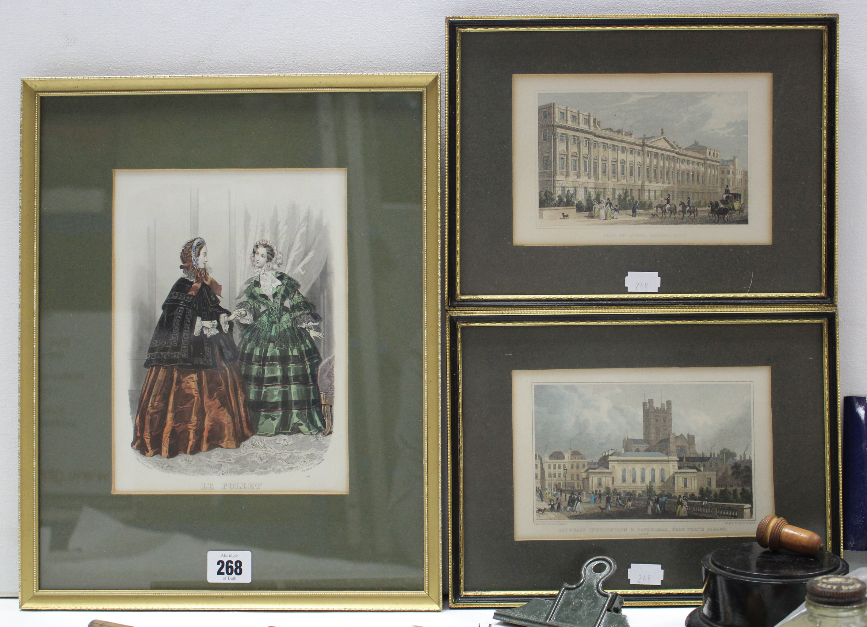 A French coloured fashion print titled: “LE FOLLET”, 9” x 6½”; two coloured prints of Bath; & sundry - Image 2 of 3