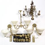 Thirteen brass doorknobs, three brass door handles; & four various light fittings.