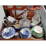 A heavy cut-glass yacht decanter; a cut-glass vase; & various items of decorative china.