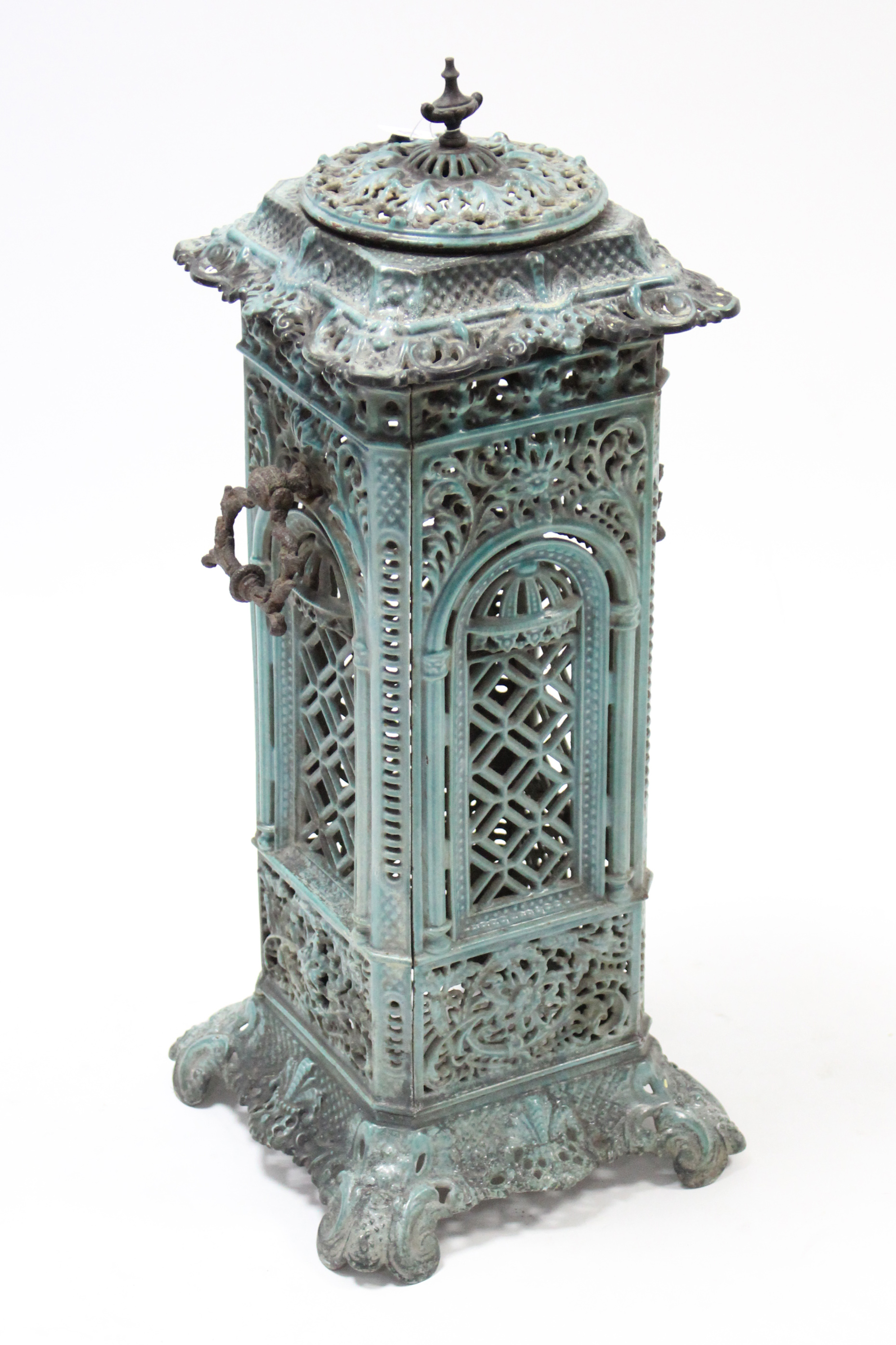 A turquoise enamelled cast-iron stove, 28½” high. - Image 2 of 3