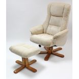 A reclining & swivel easy chair upholstered cream material; & a ditto rectangular footstool.
