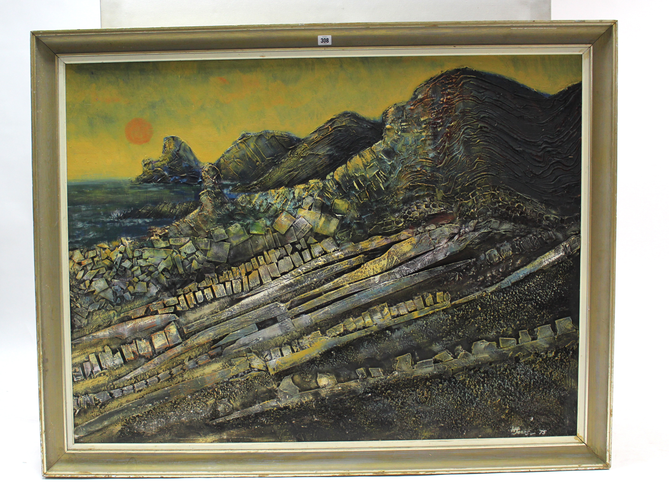 A large abstract oil painting by Jones Howard & Ffoulkes, titled to reverse: “Rock Structures