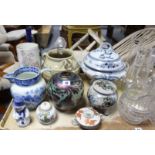 An art-glass vase; four cut-glass decanters; & various other items of glassware, china, & pottery.