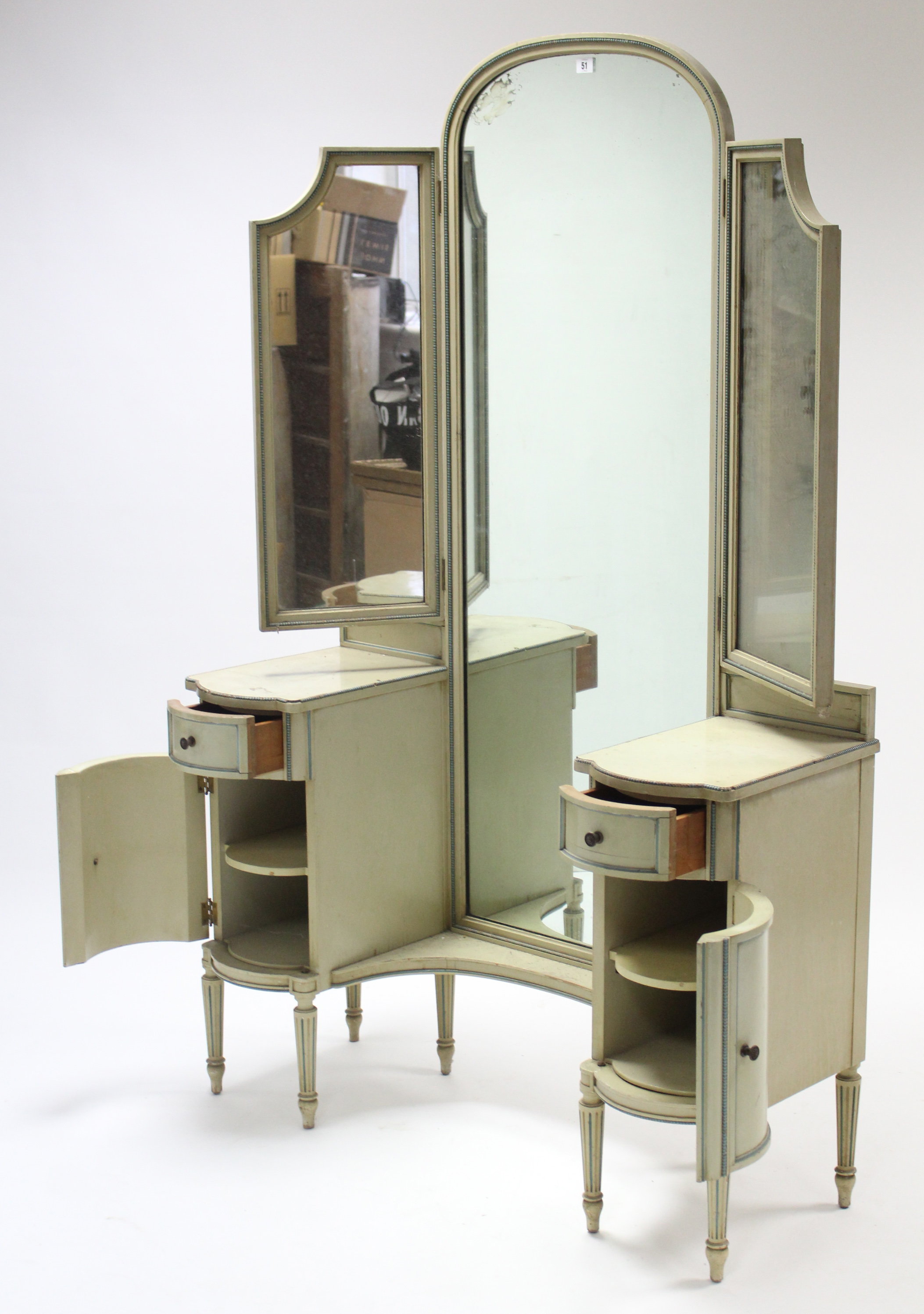 A late 19th/early 20th century continental pale green painted pedestal dressing table with triple- - Image 2 of 2