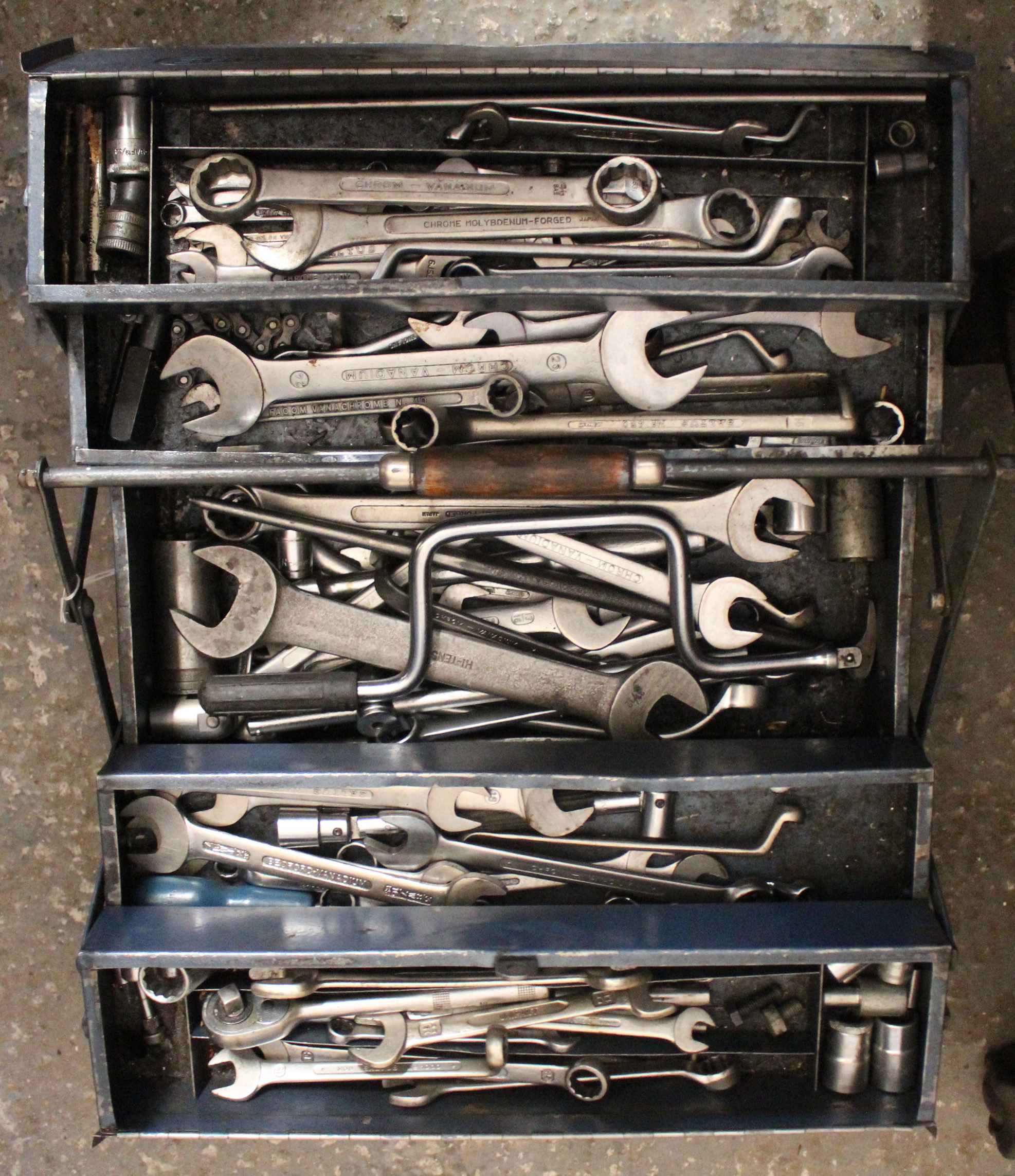 Two metal cantilever tool boxes containing numerous spanners & socket sets. - Image 2 of 2