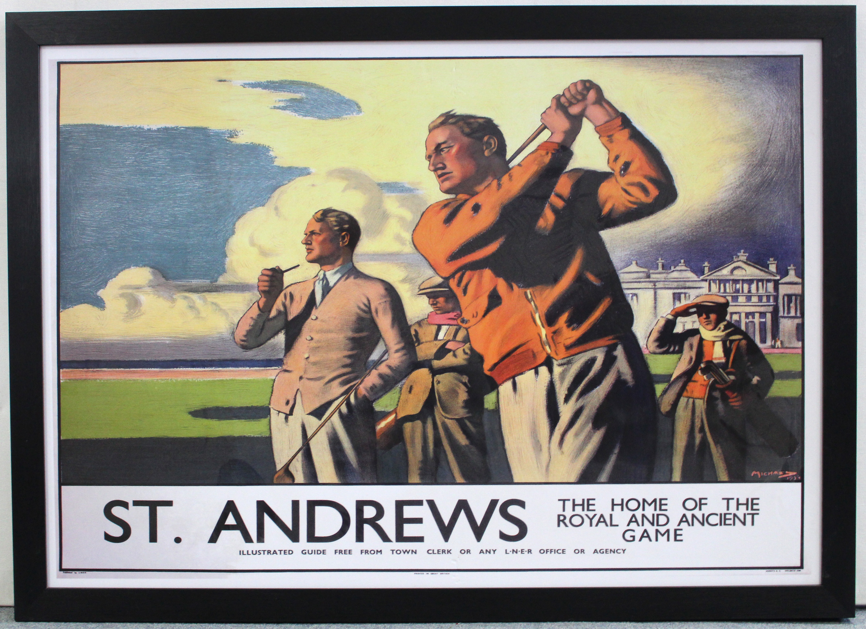 A large reproduction coloured golf print titled “ST. ANDREWS, THE HOME OF THE ROYAL AND ANCIENT