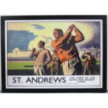 A large reproduction coloured golf print titled “ST. ANDREWS, THE HOME OF THE ROYAL AND ANCIENT