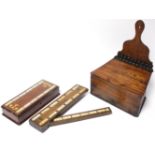 An elm & mahogany salt-box; & two cribbage boxes.