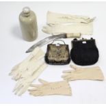 Three pairs of kid leather ladies gloves; two evening bags; a Kukri (lacking sheath); & a