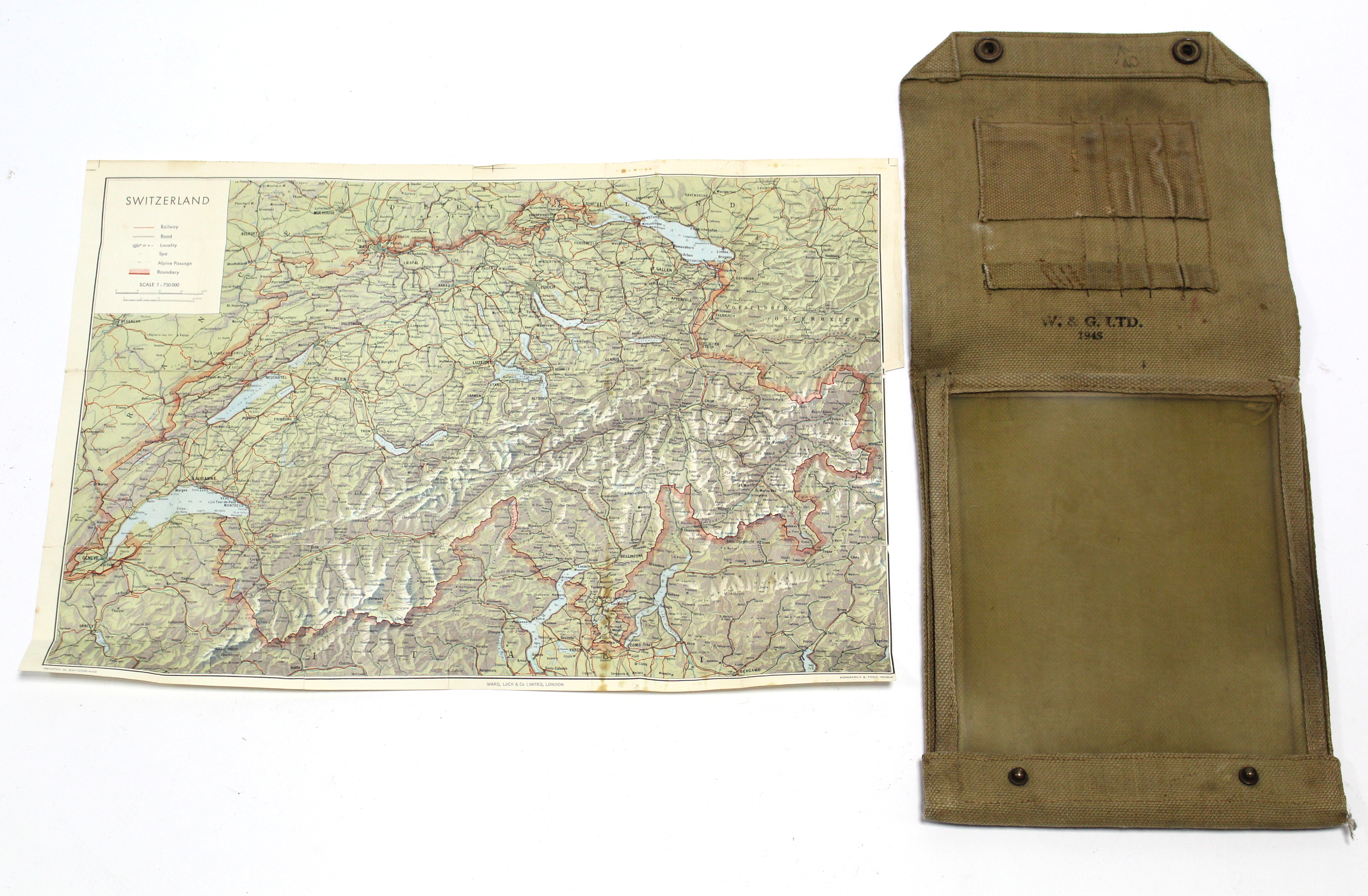 A WWII canvas map holder (1945); a ditto “First Aid” bag; two brass shell cases; a leather covered - Image 2 of 3