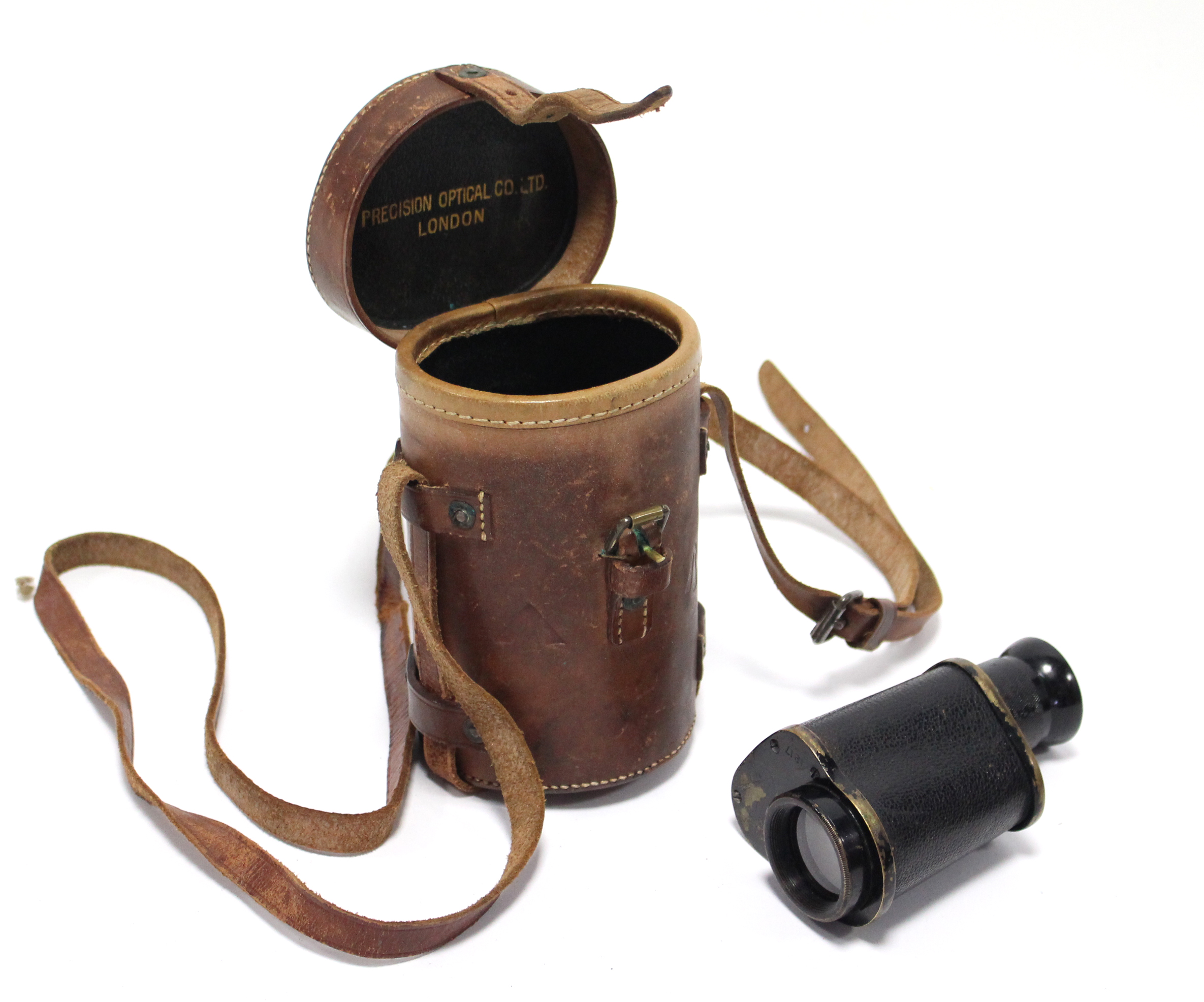 A WW1 British monocular by the Precision Optical Co. of London, with leather case.