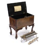 A Victorian Swiss music box with 12 ¾” long brass cylinder, playing eight airs, in inlaid-walnut