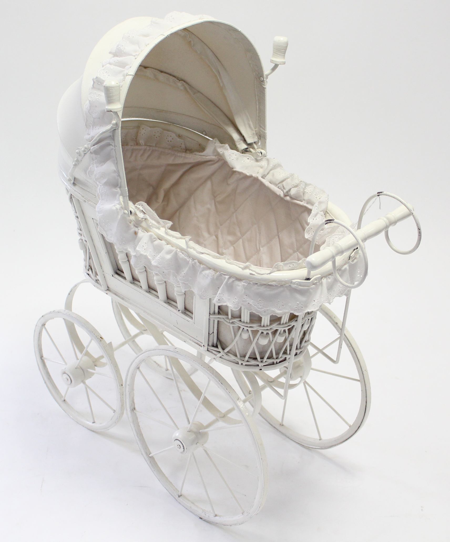 A Victorian style white wicker & wooden painted dolls pram, 24” long. - Image 2 of 3