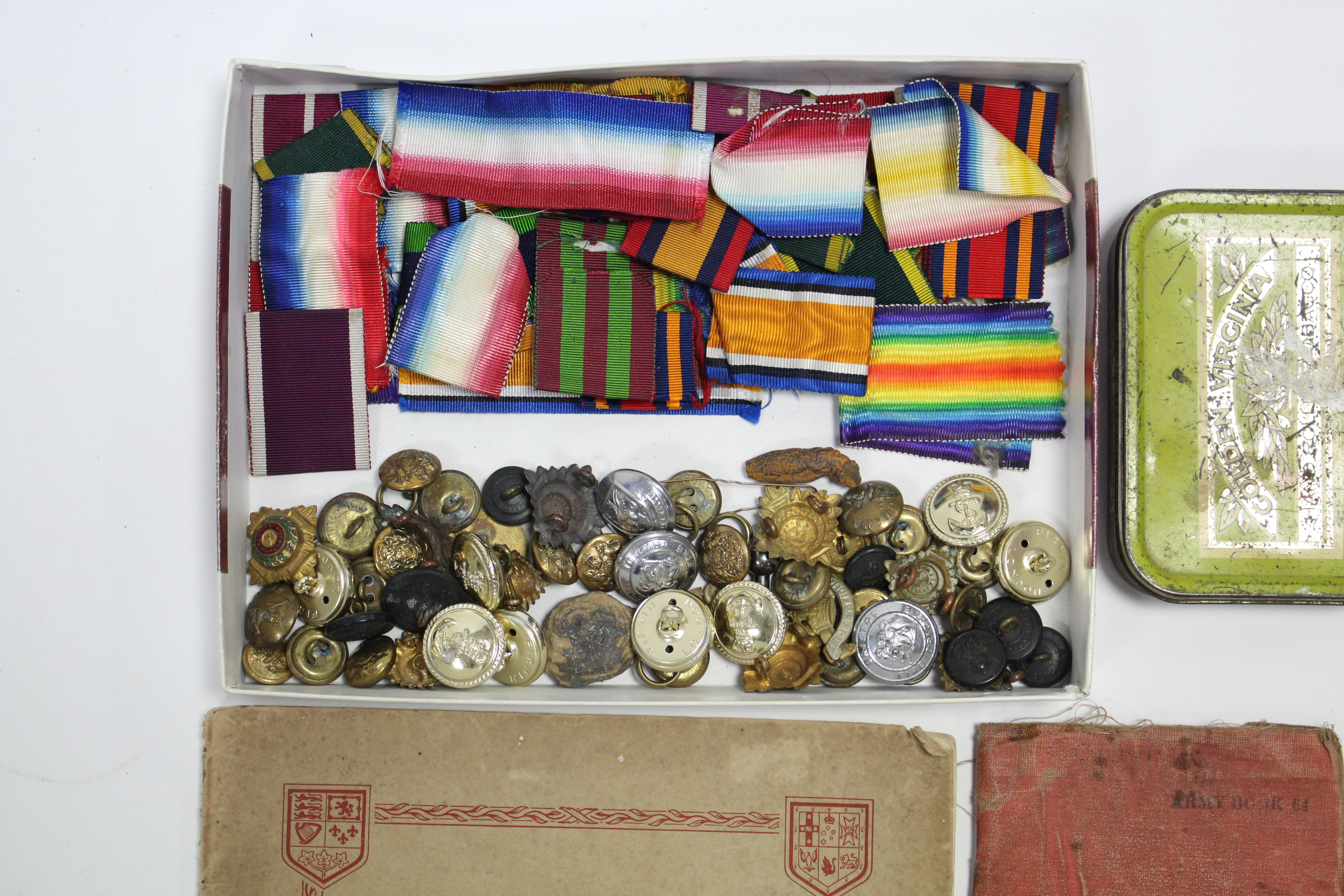 Various British military tunic buttons & cloth badges; a “Soldiers Service & Pay Book”; a John - Image 2 of 2