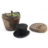 A Williams & Co. of London black operatic top hat with brown leather hatbox (w.a.f.).