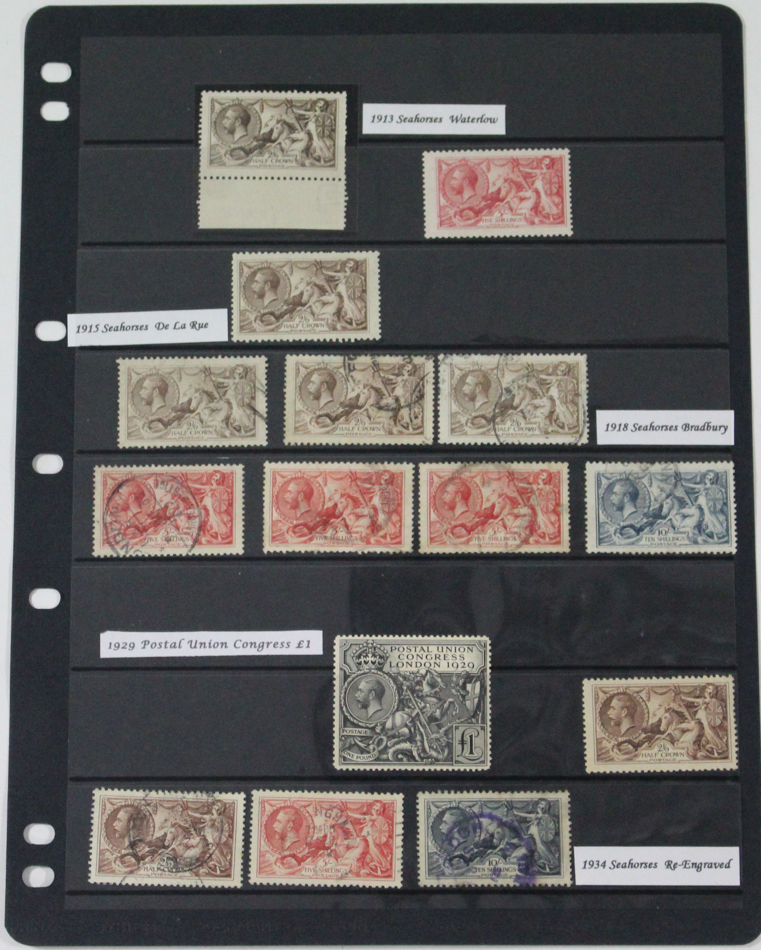 G. B. “Seahorse”; fifteen un-mounted high value stamps, 1913-34, mostly used, but including mint