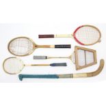 Two Slazenger wooden tennis racquets “The Demon” & “Jupiter”; two wooden badminton racquets; & a