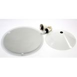 A frameless circular wall mirror with frosted edge, 23¾” diam.; & a rise & fall ceiling light,
