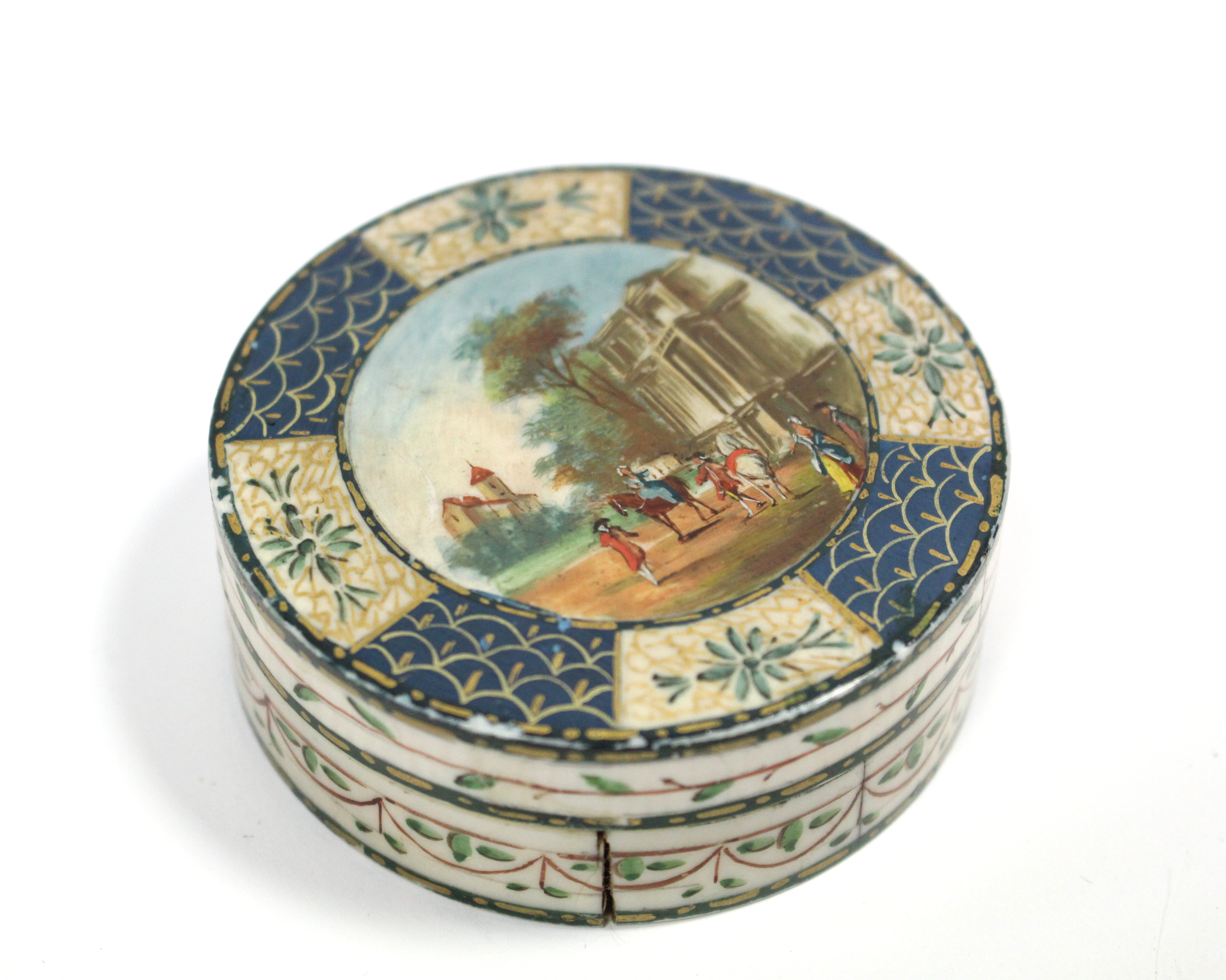 AN EARLY 19TH CENTURY FRENCH IVORY AND BONE DRUM-SHAPED BOX with painted decoration to the cover - Image 2 of 6